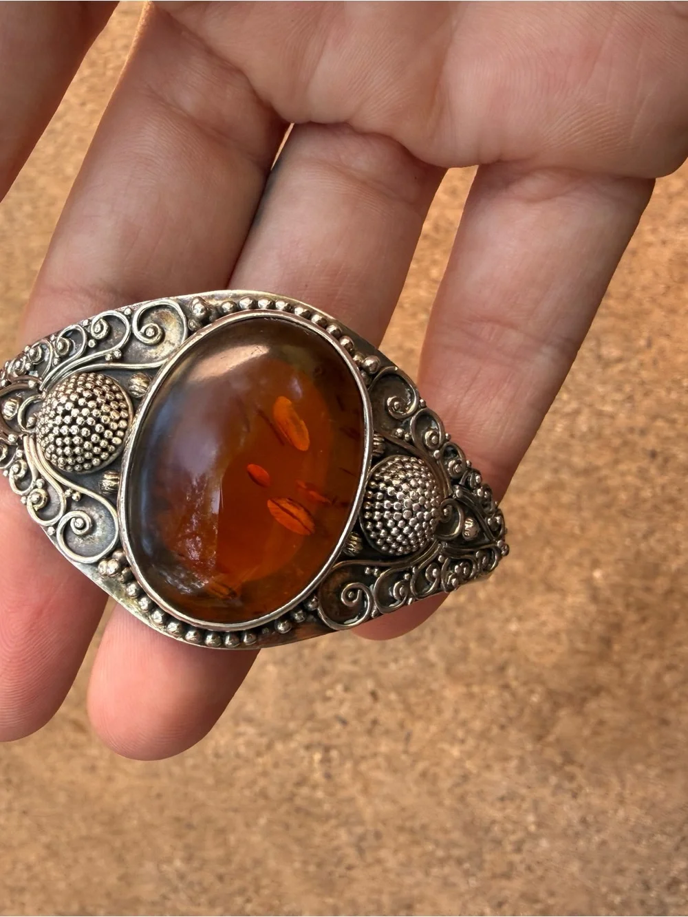 925 Silver vintage Amber Cuff Bracelet - Brown Amber
